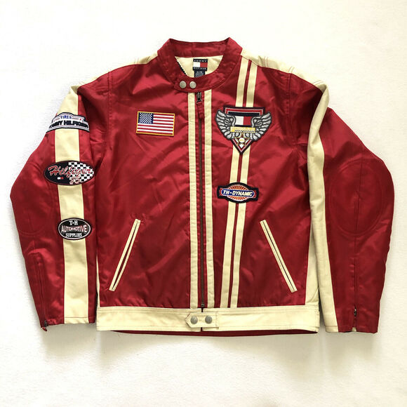 Tommy Hilfiger Women Red Auto Racing 90s Patches Leather Trim Nylon Jacket XL - Picture 1 of 12